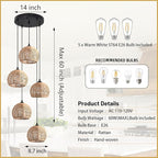 5-Light Woven Foyer Chandeliers for High Ceiling,5 Dome Boho Rattan Pendant Light Farmhouse Wicker Ceiling Light,rustic Hemp rope Light Fixture For Living Room Hallway Staircase Entryway(Bulb Incl.