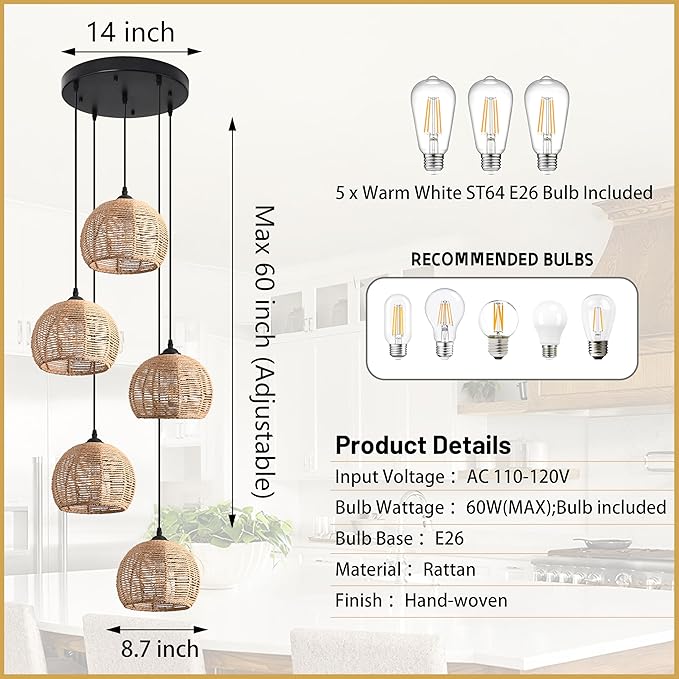 5-Light Woven Foyer Chandeliers for High Ceiling,5 Dome Boho Rattan Pendant Light Farmhouse Wicker Ceiling Light,rustic Hemp rope Light Fixture For Living Room Hallway Staircase Entryway(Bulb Incl.