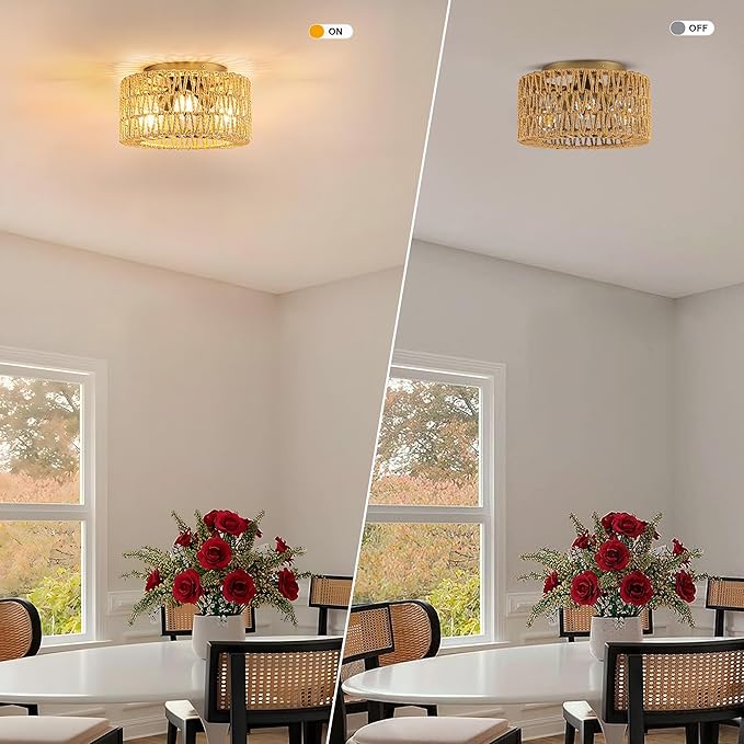 MAYNA 3-Light Boho Light Fixtures Ceiling Mount, Hand-Woven Chandelier Light Fixture,Farmhouse Rattan Flush Mount Fixture for Hallway Bedroom Kitchen Living Room Entryway