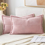 MIULEE Decorative Lumbar Throw Pillow Covers for Couch Bed Livingroom 12x20 Inch Set of 2 Pink Boho Accent Throw Pllows Broadside Striped Patchwork Soft Corduroy Pillowcases