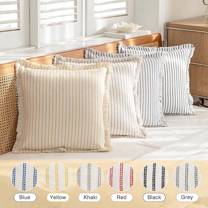 Throw Pillow Covers 12x20 Set of 2 Striped Fringe Pillow Cover Farmhouse Cushion Covers with Tassel Neutral Boho Pillows Decorative Square Pillowcase for Couch Sofa Bed, Yellow