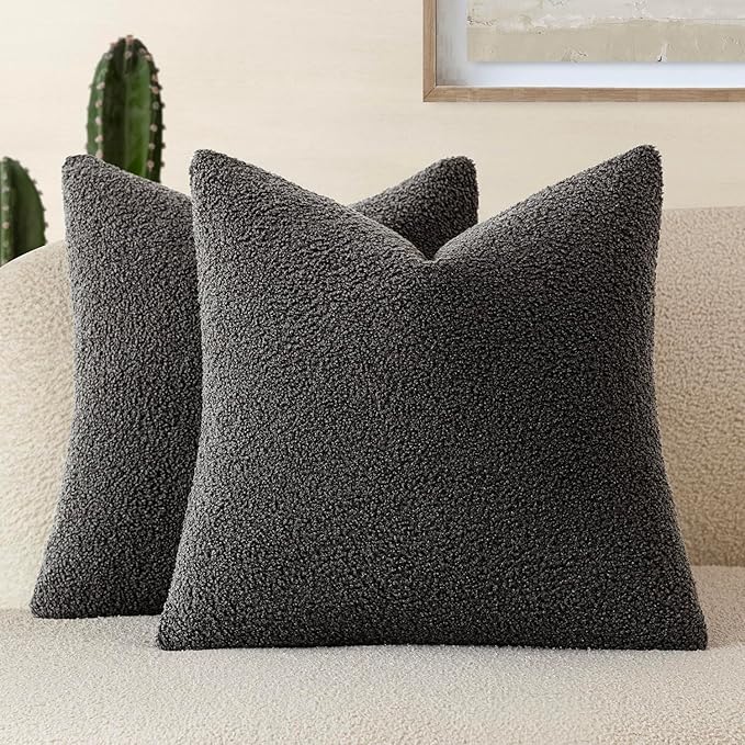 Foindtower Pack of 2, Curly Faux Fur Decorative Throw Pillow Covers Soft Neutral Plush Cushion Case with Zipper Cozy Pillowcase for Home Living Room Couch Bed Sofa 22 x 22 Inch,Dark Gray