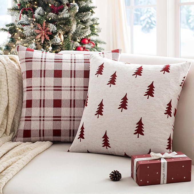 MIULEE Christmas Decorative Chenille Throw Pillow Covers, 18x18 Inch,White Red Tree, Set of 2 Cute Trees with Plaid Patterns Pillows for Sofa Couch Bedroom Chair Xmas Home Decor