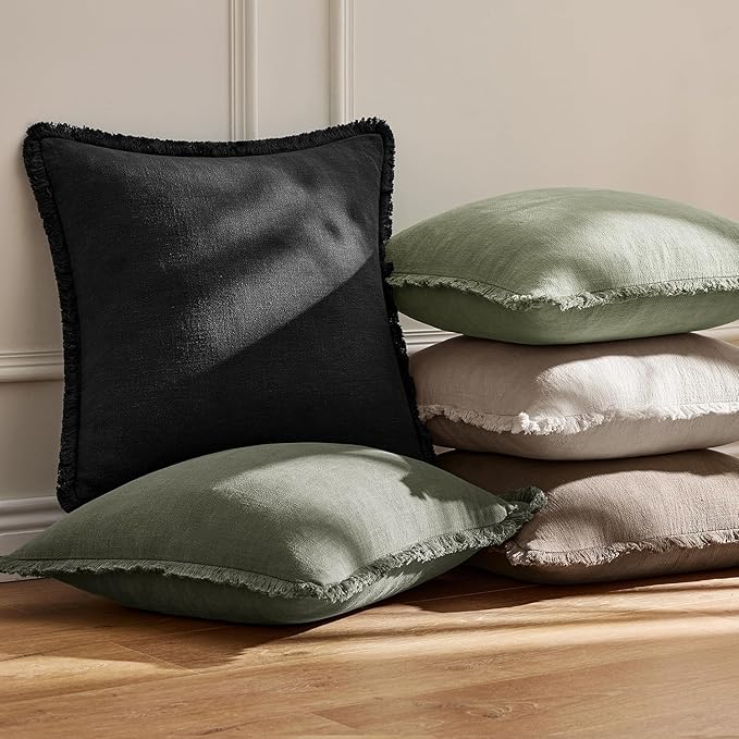 EMEMA Linen Fringe Throw Pillow Covers Set of 2 Boho Farmhouse Accent Decorative Pillowcase with Tassels for Couch Sofa Bed Living Room Home Decor 22x22 Inch,Light Olive Green