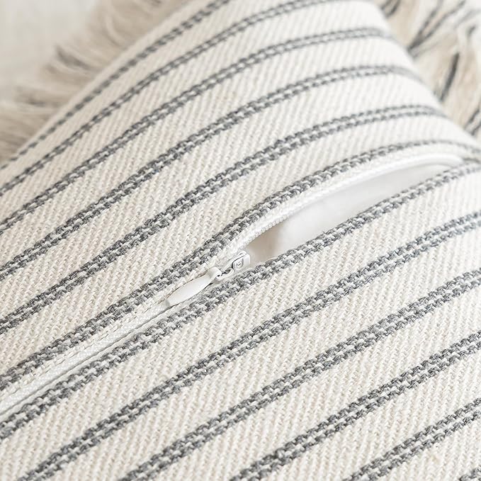 Throw Pillow Covers 24x24 Set of 2 Striped Fringe Pillow Cover Farmhouse Cushion Covers with Tassel Neutral Boho Pillows Decorative Square Pillowcase for Couch Sofa Bed, Grey