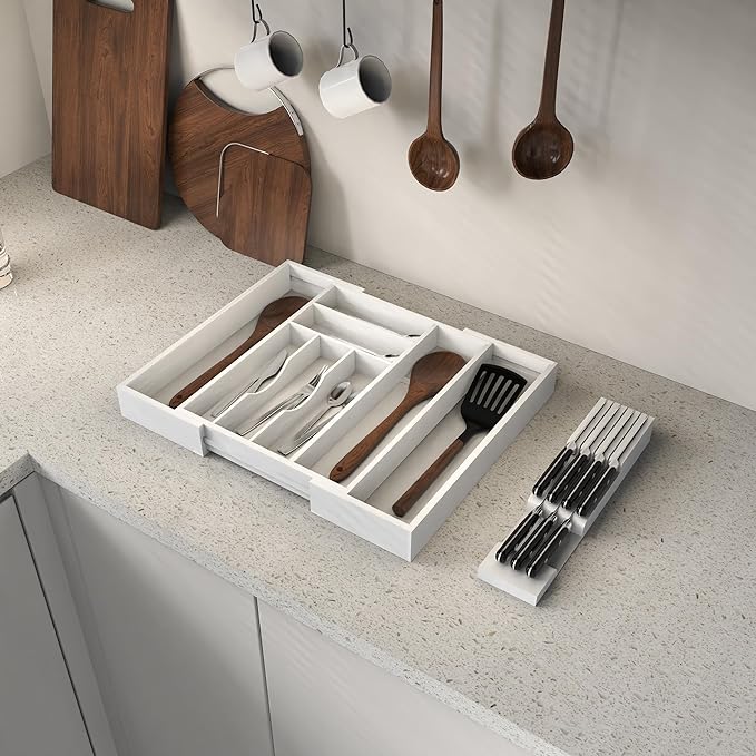 Bamboo Kitchen Drawer Organizer, Expandable Utensil Organizer with Removable Knife Block, Cutlery Tray Holder with Divider, Adjustable Silverware Organizer, White