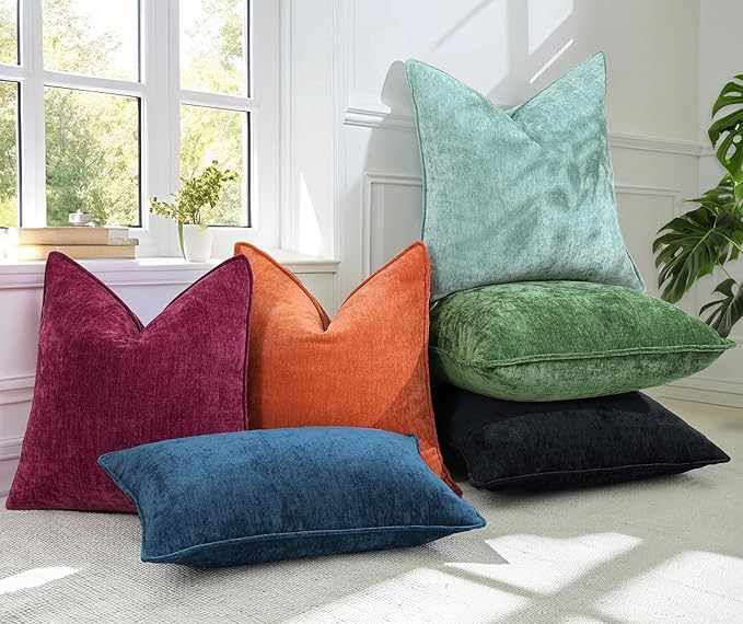 decorUhome Fall Couch Throw Pillow Covers 22x22 Set of 2, Decorative Soft Euro Neutral Chenille Pillow Covers with Elegant Design for Sofa Bed Living Room Home Decor, Rust
