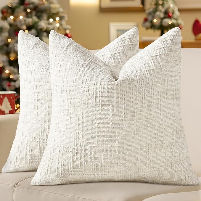 decorUhome Christmas Cream White Chenille Throw Pillow Covers 26x26 Set of 2 Thick Textured Slubby Couch Pillow Covers Farmhouse Accent Modern Neutral Decorative Pillow Cases for Bed Sofa Living Room