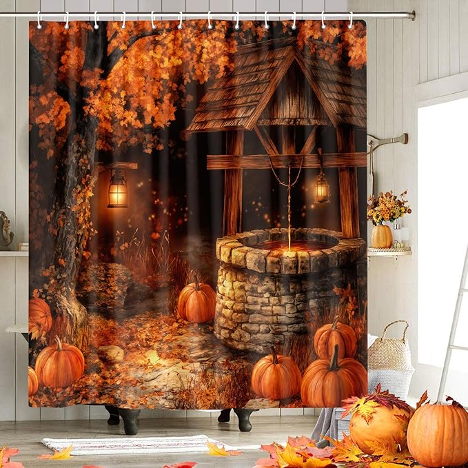 Fall Shower Curtain, Autumn Rustic Farmhouse Pumpkin Thanksgiving Harvest Shower Curtains for Bathroom， Halloween Holiday Bathroom Decorative with Hooks, Fall Bath Accessories 72"X72" Fabric Polyester