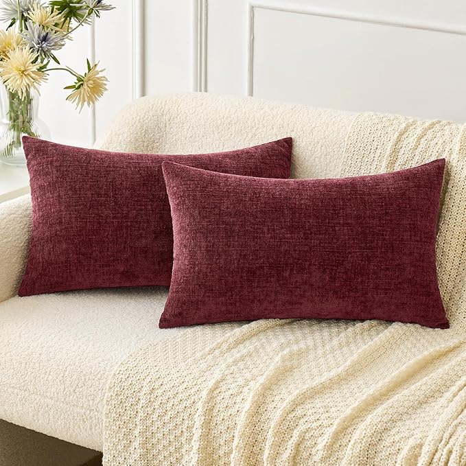 MIULEE Pack of 2 Christmas Couch Throw Pillow Covers 12x20 Inch Soft Wine Red Chenille Pillow Covers for Sofa Living Room Solid Dyed Pillow Cases