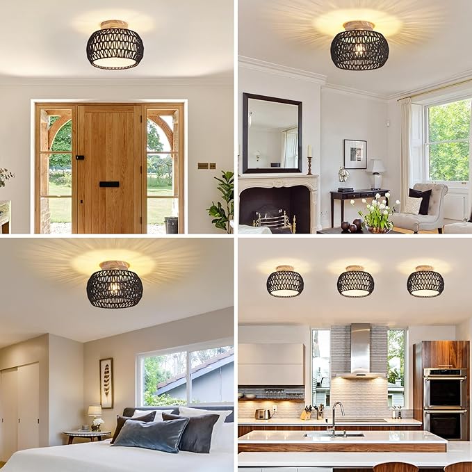 Boho Rattan Ceiling Light Fixture - 3 Style Options Wicker Semi Flush Mount Ceiling Lights,Black Bohemian Woven Basket Chandelier,Coastal Light Fixtures for Hallway Bedroom Nursery Playroom Laundry