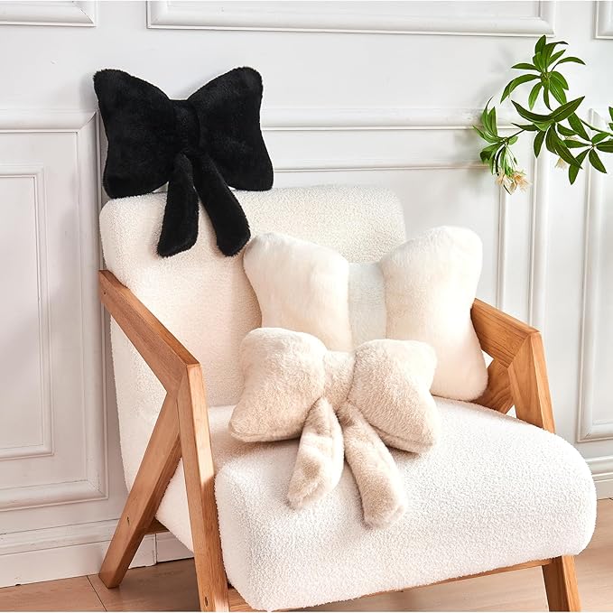 Beige Bow Pillow, Soft Bow Decorative Pillows with Faux Rabbit Fur, Cute 12" Bow Throw Pillows, Aesthetic Home Decor Bow Shaped Plush Pillow for Bedroom Sofa Couch