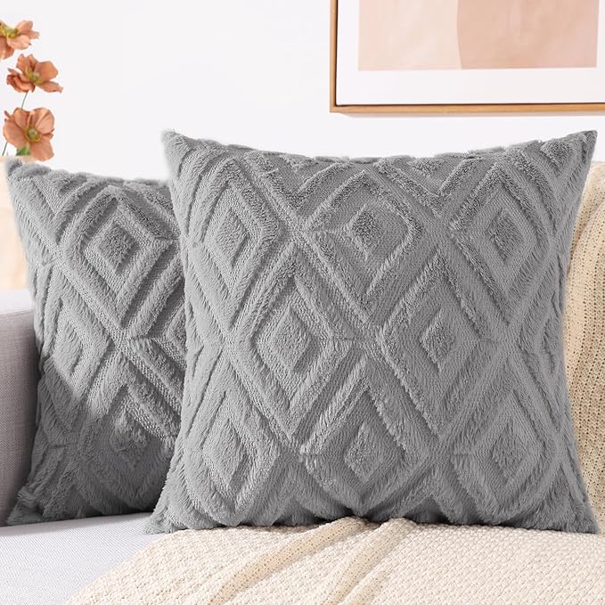 decorUhome Couch Throw Pillow Covers 24x24 Set of 2, Decorative Soft Plush Faux Wool Neutral Accent Pillow Covers for Bed Sofa Living Room, Grey