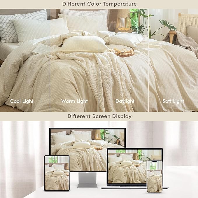 MooMee Striped Duvet Cover Set 100% Washed Cotton Linen Like Textured Breathable Durable Soft Comfy (Almond Milk Grey White Wide Stripes, Alaska King 132"x120")