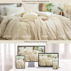 MooMee Striped Duvet Cover Set 100% Washed Cotton Linen Like Textured Breathable Durable Soft Comfy (Almond Milk Grey White Wide Stripes, Super King 108"x98")