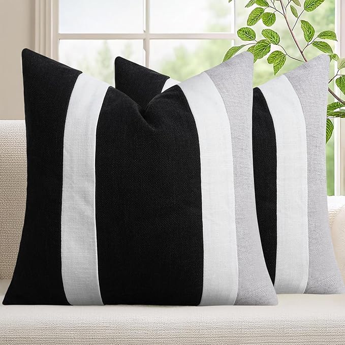 Adabana Modern Pillow Covers 18x18 Set of 2 Farmhouse Decor Patchwork Linen Cushion Covers for Living Room Couch Bed Black and White