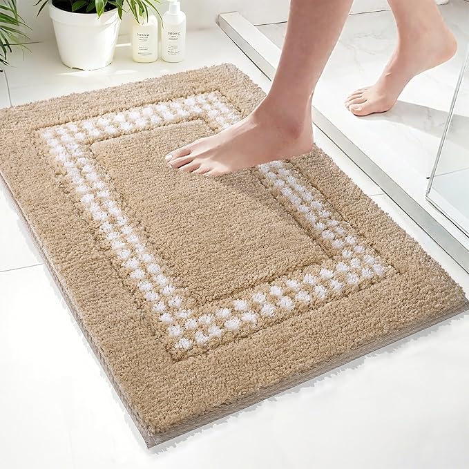 Beige Bathroom Rugs 18x24, Non Slip Washable Bath Mats,Super Soft Microfiber Bathroom Mats, Plush Fluffy Absorbent Bath Rugs for Sink Tub Basin Shower Floor