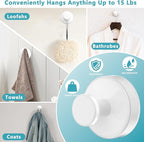 Suction Cup Hooks for Shower,Removable No Drill Towel Hooks,Upgraded 15 lbs Strong Suction hooks for Bathroom Tile,Shower Wall,Glass Door,Kitchen-Loofah,Coat,Stainless Waterproof-White 2 Pcs
