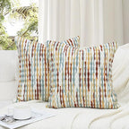 Boho Decorative Throw Pillow Covers 18x18 Inch, Chenille Tufted Pillow Cover Stripe Textured Square Farmhouse Accent Pillowcase for Couch Sofa Bedroom Living Room, Red White Khaki Grey 2 Pack