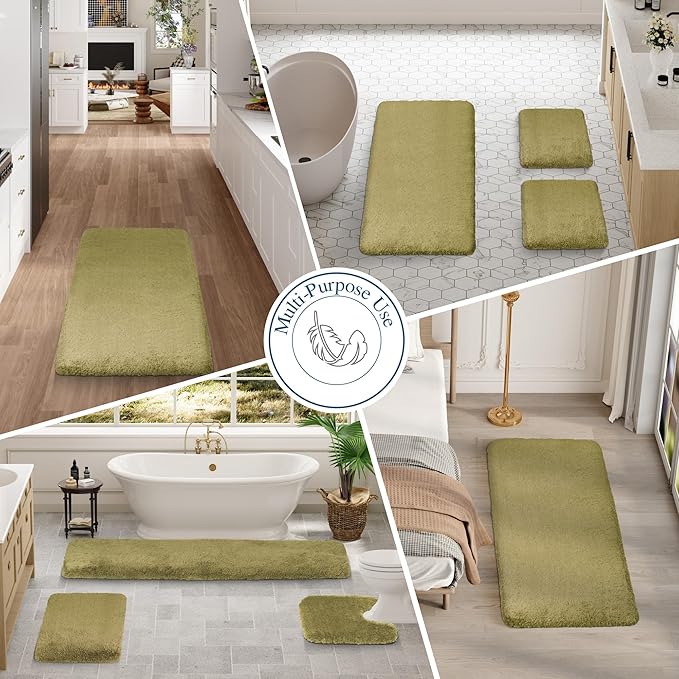 Walensee Contour Rug (20x24, Olive Green) Non Slip Bath Mat for Bathroom Water Absorbent Soft Microfiber Shaggy Bath Mat Machine Washable U Shape Toilet Rug