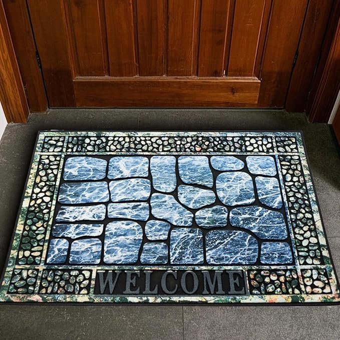 Door Mat Welcome Mat, Heavy Duty Door Mat 17.7 x 29.5 Inch Front Rug Doormat for Outdoor Entrance Home Non-Slip Rubber Rug for Front Door, Outside, Entryway, Patio (Blue Welcome)