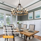 Farmhouse Wagon Wheel Chandelier 31" Wooden Rustic Light Fixtures 12-Light Wood Round Chandelier for Dining Room Living Room Entryway Foyer