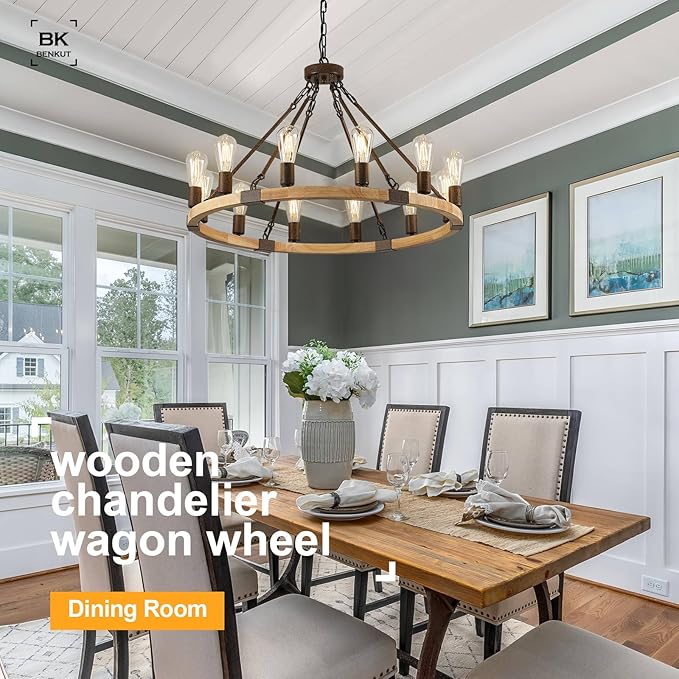 Farmhouse Wagon Wheel Chandelier 31" Wooden Rustic Light Fixtures 12-Light Wood Round Chandelier for Dining Room Living Room Entryway Foyer