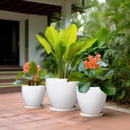 Ceramic Pots for Plants - 10+8+6 Inch Round Modern Planters for Indoor Outdoor Plants, Flower Pots with Drainage Holes and Saucers, Room Patio Decor, Gifts for Plant Lovers, Set of 3, White