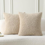 FUTEI Beige Throw Pillow Covers 16x16 Inch Set of 2,Furry Faux Fur Teddy Boucle Textured Cushion Covers,Soft Fluffy Decorative Pillow Case,Home Decor for Couch Bed Living Room Office Car