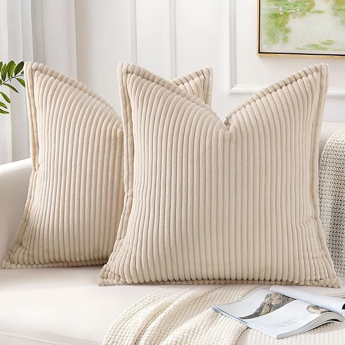 Mecatny Corduroy Throw Pillow Covers 26x26 Set of 2, Neutral Decorative Soft Boho Couch Pillow Covers with Broadside for Sofa Living Room, Beige