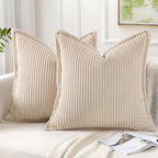 Mecatny Corduroy Throw Pillow Covers 26x26 Set of 2, Neutral Decorative Soft Boho Couch Pillow Covers with Broadside for Sofa Living Room, Beige
