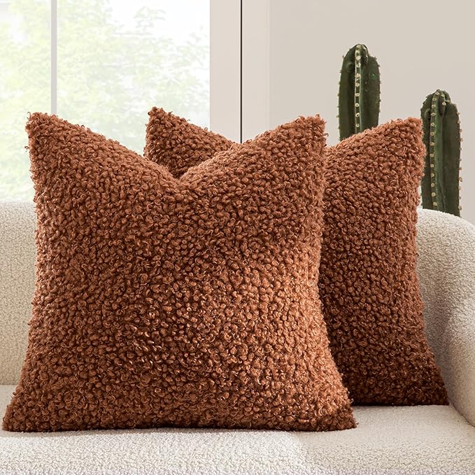MIULEE Pack of 2 Fall Throw Pillow Covers 20x20 Inch Neutral Rust Faux Fur Decorative Sherpa Pillow Covers Fuzzy Accent Soft Sheepskin Fleece Cushion Cases for Boho Home Decor Couch Living Room Bed