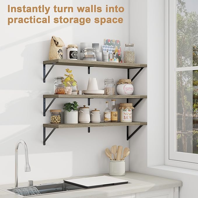 Fun Memories Floating Shelves for Wall, 36 Inches Long Set of 3 Wall Shelves for Bedroom, Floating Bookshelves with Metal Brackets for Living Room, Kitchen, Bedroom and Laundry Room (Grey)