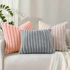 decorUhome Faux Fur Throw Pillow Covers 12x20 Set of 2, Decorative Soft Plush Striped Lumbar Neutral Couch Euro Pillow Covers with Velvet Back for Sofa, Bed, Living Room Home Decor, Grey