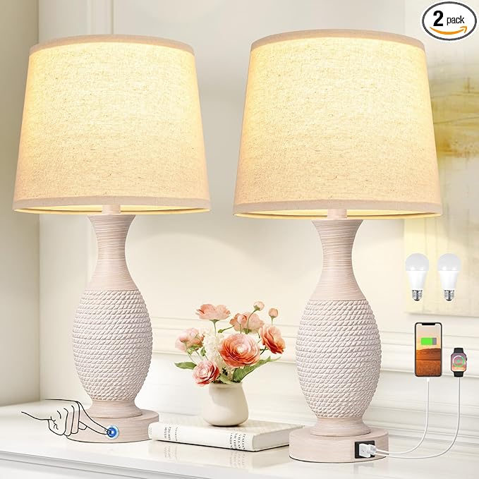 Seealle 22.6" Bedside Lamps Set of 2 with USB C+A - Dimmable Touch Lamps for Night Stands Bedroom Living Room End Table(Bulbs Included)
