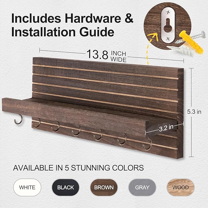 Key Holder Wall Mount, Entryway Mail Organizer with Shelf, Decorative Key Hanger with 7 Hooks Holds Leashes and Glasses, Includes Mounting Hardware (13.8” x 5.3” x 3.2”)