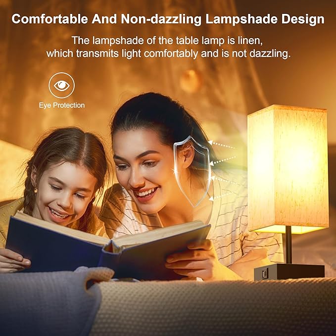 hansang Bedside Lamp, Touch Lamp with 3 Way Dimmable 2700K LED Bulb Touch Control USBA USBC Charging Port Black Base Linen Fabric Shade, Lamps for Bedroom Reading Room, 2 Pack