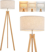 ELYONA Nordic Wood Tripod Floor Lamp, Modern Reading Standing Lamp for Living Room 3 Color Temperatures LED Bulb Included Flaxen Lamp Shade, Boho Natural Wooden floor lamp for Bedroom Office Kids Room