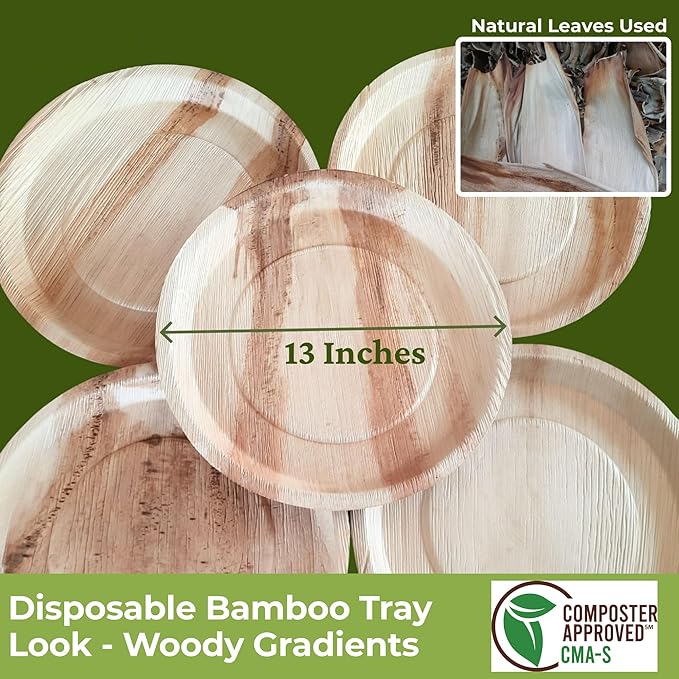 Dtocs Disposable Charcuterie Boards (25) 13" Round Palm Leaf Plates | Bamboo Like Strong Compostable Trays, Serving Platters, Grazing, Cheese Boards for Wedding Parties, Catering | Wooden Look