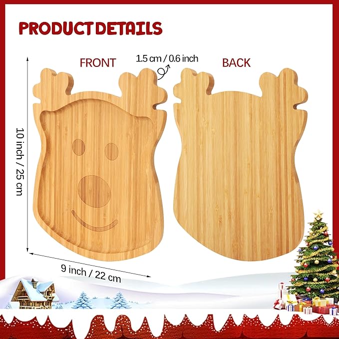 TJ POP Christmas Reindeer Bamboo Serving Tray - Laser-Carved Cute Deer Face Pattern, Natural Wooden Snack Platter Charcuterie Board, Holiday Party Kitchen Decor for Sweets, Snacks, Drinks (10” x 9”)