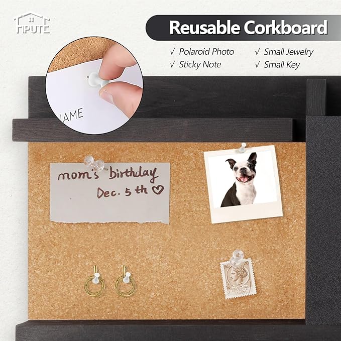Key Holder for Wall Mount with Mail Organizer, Farmhouse Key Holder for Wall with Shelf, Chalkboard&Corkboard, Entryway Organizer 11 Metal Hooks, Decorative Natural Pine Wood, 14.6*11.1*3.3”, A-Black