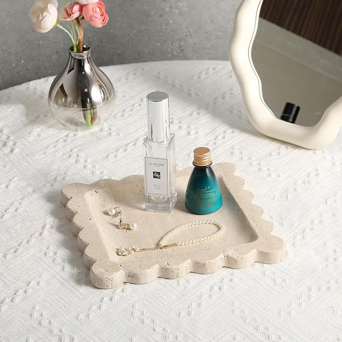 Travertine Decorative Tray, 7.8in Marble Scallop Edge Tray, Square Bathroom Trays for Jewelry Perfume, Vanity, Coffee Table, Beige Stone Trinket Dish for Woman, Dresser Décor Gift