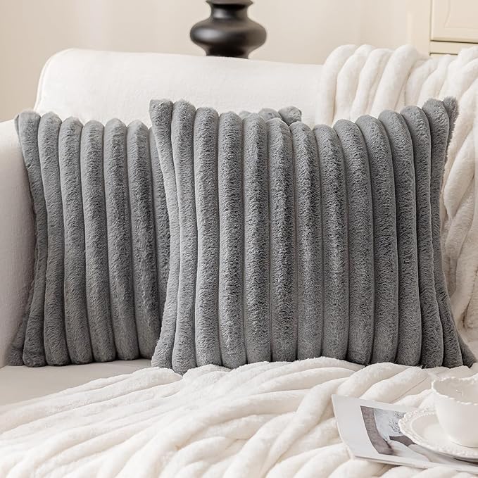 MOSAYT Faux Fur Throw Pillow Covers 20x20, Set of 2, Plush Velvet Soft Pillow Case,Fluffy Striped Decorative Couch Pillow Covers for Sofa, Bedroom, Living Room(Grey)