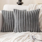MOSAYT Faux Fur Throw Pillow Covers 16x16, Set of 2, Plush Velvet Soft Pillow Case,Fluffy Striped Decorative Couch Pillow Covers for Sofa, Bedroom, Living Room(Grey)