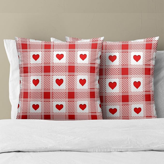 Love Theme Pillow Covers 22x22 Inch, Set of 2 Red White Checkered Romantic Accents Holiday Cotton Square Pillowcases for Sofa Couch Bedroom Living Room Car Home Decor