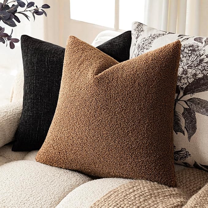 Foindtower Pack of 2, Curly Faux Fur Decorative Throw Pillow Covers Soft Fuzzy Plush Cushion Case with Zipper Cozy Pillowcase for Home Living Room Couch Bed Sofa 16 x 16 Inch,Dark Bronze