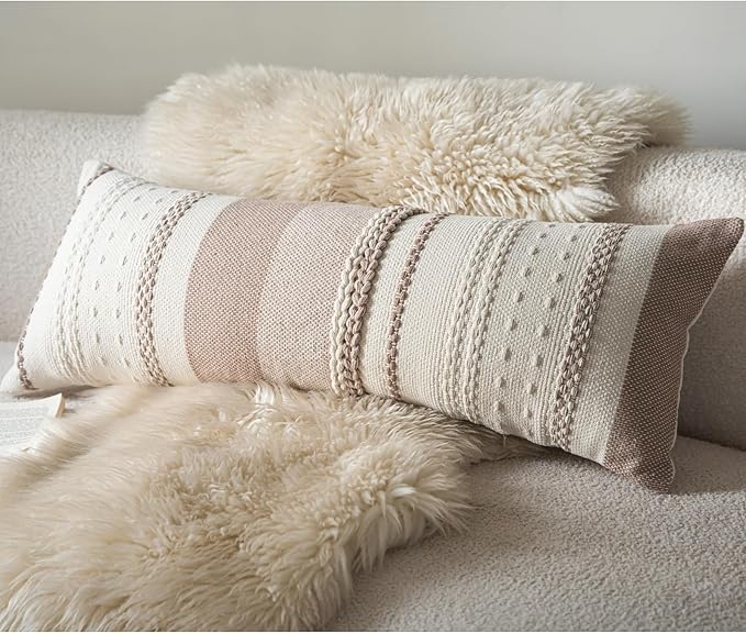 Boho Lumbar Pillow Covers 14x36 Inch Long, Khaki Textured Decorative Couch Pillow Cases for Farmhouse Home Decor, Accent Cushion Cover for Sofa, Bed, Living Room, Bedroom, Pack of 1
