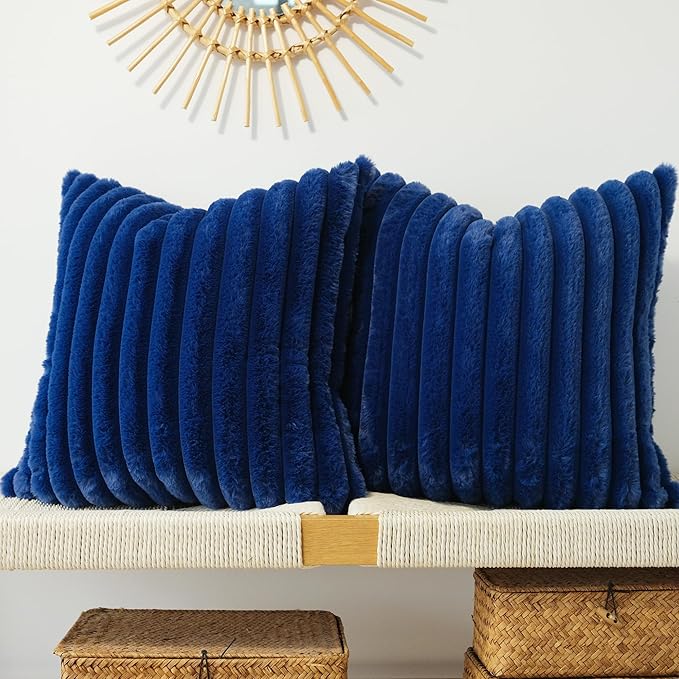 JOJUSIS Pack of 2 Faux Fur Plush Decorative Throw Pillow Covers Couch Cushion Case Soft Pillowcases (Navy Blue, 20 x 20-Inch)