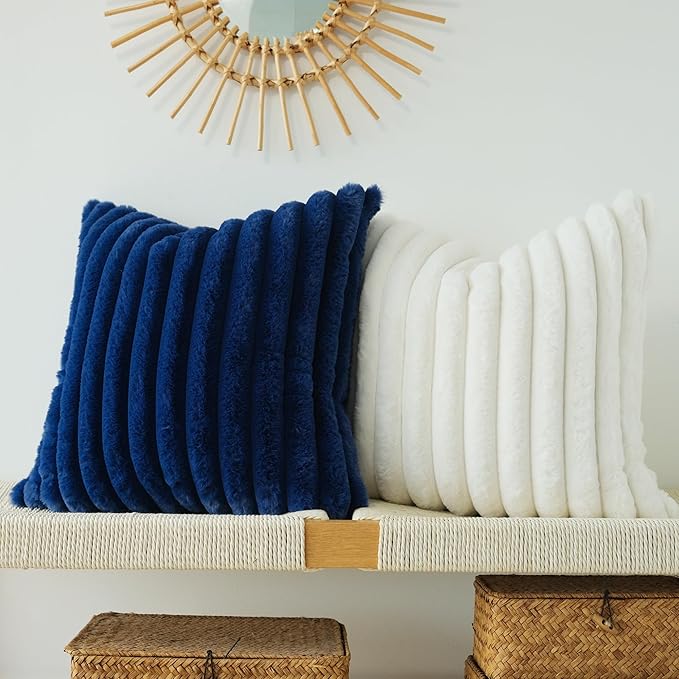 JOJUSIS Pack of 2 Faux Fur Plush Decorative Throw Pillow Covers Couch Cushion Case Soft Pillowcases (Navy Blue, 18 x 18-Inch)