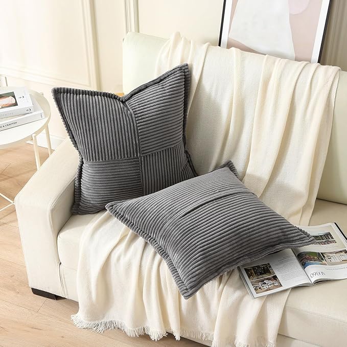 HAUSSY Dark Grey Throw Pillow Covers 22x22 Inch Set of 2, Soft Corduroy Solid Striped,Square Decorative Cushion Case,Winter Home Decorations for Couch,Bed